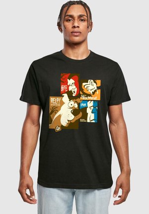 Schwarzes Baumwoll-T-Shirt mit bunten Grafiken von Cartoonfiguren, die kräftige Umrisse und spielerische Ausdrücke haben. Normale Passform.