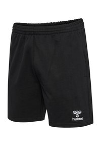 Black athletic shorts made of soft fabric, featuring a stretchy waistband, side seams, and a white logo detail on the lower left leg.