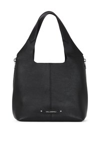 Sac à épaule en cuir noir avec une texture lisse, ouverture supérieure, et plaque de logo bien en vue. Comprend un compartiment zippé sur le côté.