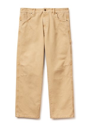 Gerade geschnittene Arbeitshose mit Vorder- und Gesäßtaschen, verstärkten Nähten an den Knien und Knopfverschluss in der Taille.