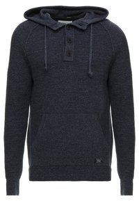 Felpa con cappuccio lavorata a maglia di colore blu navy, con un motivo testurizzato, coulisse regolabile, patta con tre bottoni e tasca a marsupio. Vestibilità regolare.