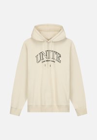 Crème-kleurige hoodie met een capuchon, een voorzak en geribbelde manchetten. Voorzien van de tekst "UNITE TOMORROW LAND" in het zwart gedrukt.