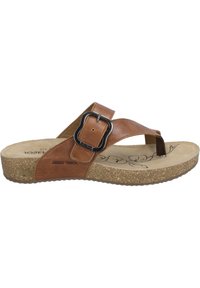 Brown leather flip-flop sandal with a wide strap and adjustable buckle. Cork footbed with a floral design on beige insole. Flat sole.