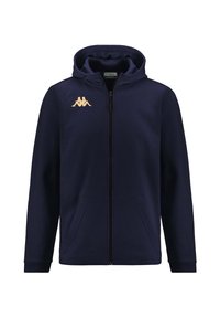 Felpa con cerniera e cappuccio blu navy in tessuto morbido, con due tasche frontali e un logo dorato sul lato sinistro del petto.