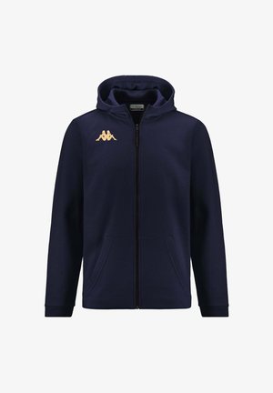 Felpa con cerniera e cappuccio blu navy in tessuto morbido, con due tasche frontali e un logo dorato sul lato sinistro del petto.