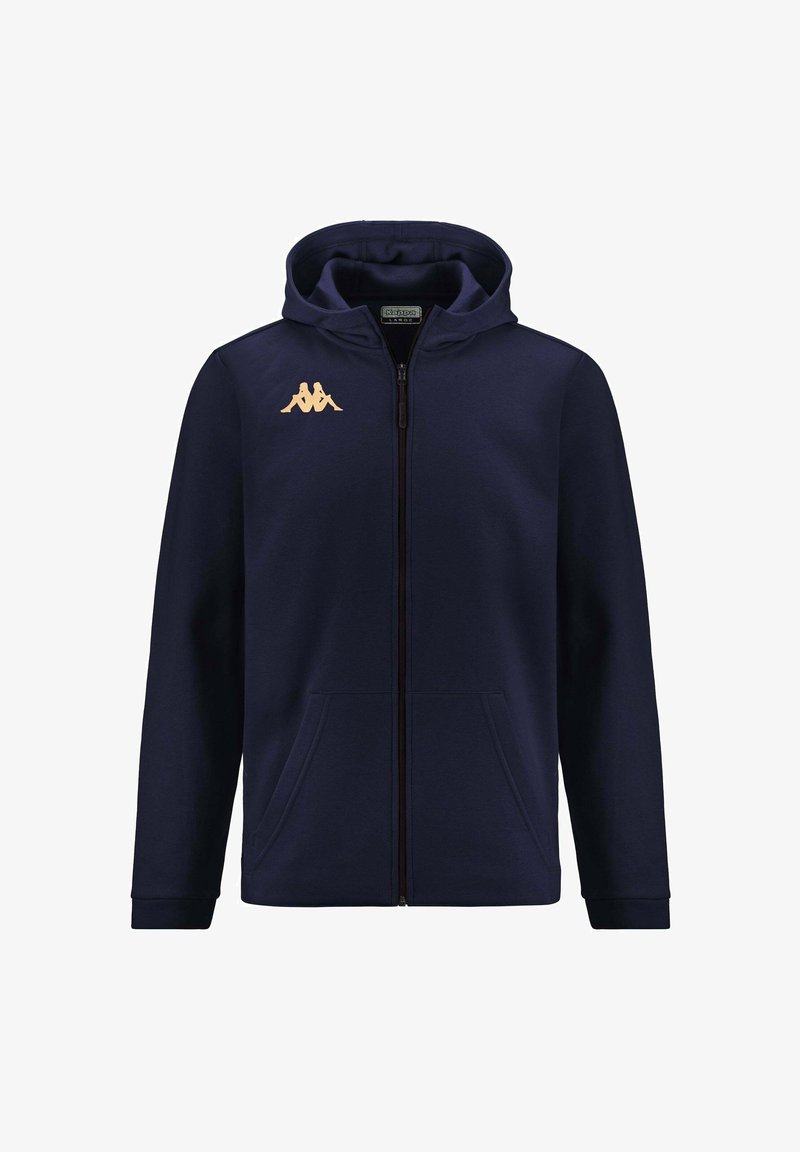 Felpa con cerniera e cappuccio blu navy in tessuto morbido, con due tasche frontali e un logo dorato sul lato sinistro del petto.