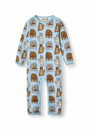 Body bleu bébé à manches longues avec des illustrations répétées d'ours et de chiens en marron, blanc et beige sur le tissu.