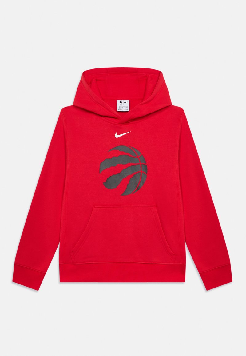 Red hoodie made of soft fabric featuring a front pouch pocket, long sleeves, and a black basketball graphic with claw marks. Nike logo in white.