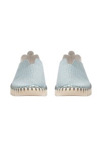 Light blue slip-on shoes with a textured, reptile-patterned upper and contrasting cream rubber sole. Rounded toe and low cut design.