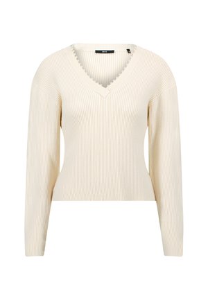 V-hals, langærmet sweater i lysebeige med ribbet struktur og perleudsmykning langs halsudskæringen. Kort model, lavet af blødt stof.