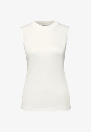 Ärmelloses weißes Baumwoll-Top mit rundem Ausschnitt, glatter Textur und figurbetonter Silhouette, dargestellt vor einfarbigem Hintergrund.