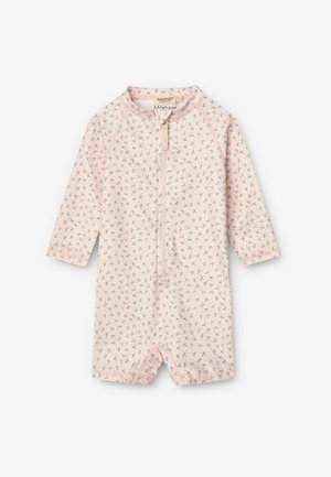 Rosa florale Schwimmanzug mit langen Ärmeln, ausgestattet mit einem Reißverschluss an der Vorderseite und kleinen, bunten Blumenmustern auf einem zarten Hintergrund.