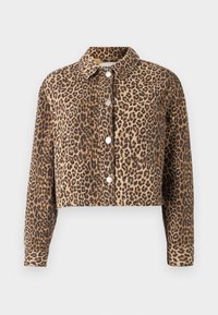 Kort jasje met luipaardprint in bruin en zwart, voorzien van een knoopsluiting aan de voorkant, een kraag en lange mouwen met knoopmanchetten.