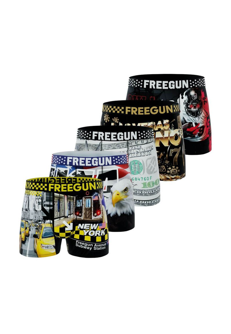 Boxers colorés présentant divers motifs : taxis de New York, aigle, billet de dollar et designs abstraits avec une ceinture de marque.