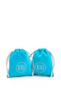 Türkise kangast tõmbluku kotid hõbedaste aktsentidega, millel on ringikujuline tikand "Elli by Julie & Grace".