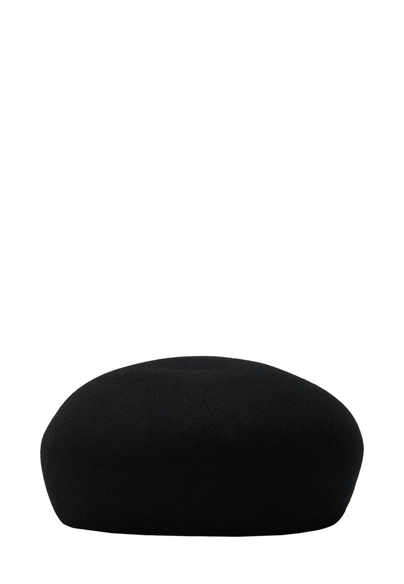 Czarna wełniana beret z okrągłym, gładkim kształtem i płaskim wierzchołkiem. Materiał jest miękki i lekko teksturowany. Brak widocznych znaków towarowych lub akcentów.