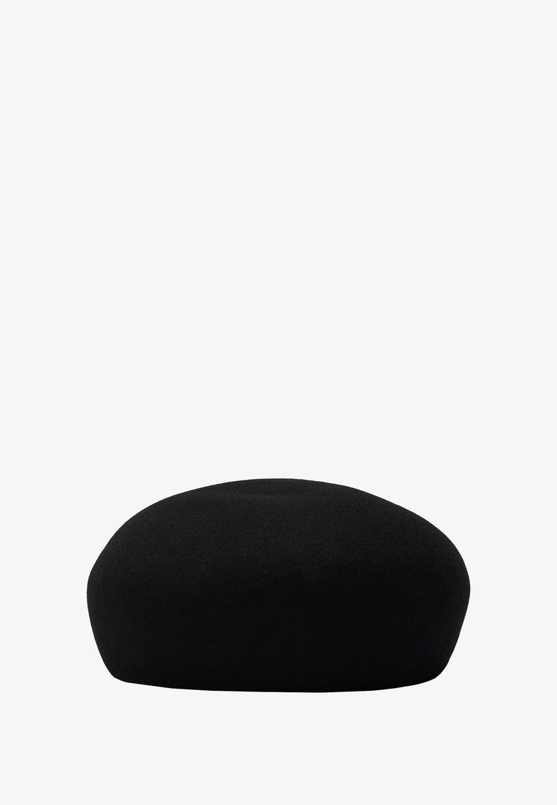 Czarna wełniana beret z okrągłym, gładkim kształtem i płaskim wierzchołkiem. Materiał jest miękki i lekko teksturowany. Brak widocznych znaków towarowych lub akcentów.