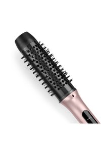 Pyöreä hiusharja, jossa on musta harjaspää ja vaaleanpunainen kahva. Ominaisuuksiin kuuluu ergonominen muotoilu ja lämpötilan näyttö sivussa.