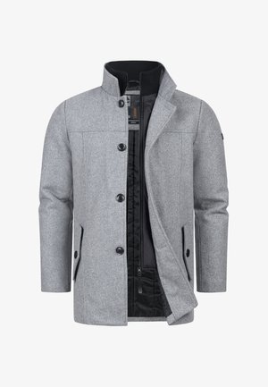 Gray wool blend jacket featuring a high collar, black lining, front button closure, and side pockets for added functionality.