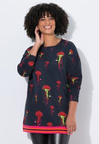 Sudadera de manga larga de color marino con vibrantes patrones de medusas rojas y verdes, con un dobladillo a rayas rosas y fabricada en suave algodón.