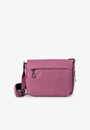 Paarse schoudertas met verstelbare riem, voorvak met ritssluiting en trekker, en een reliëf "a/u"-logo op het voorpaneel.