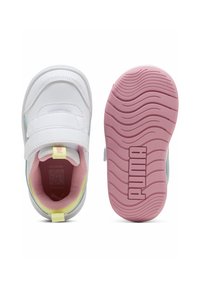 Baskets blanches avec une sangle Velcro, accents bleu clair et jaune, et une semelle en caoutchouc rose présentant des rainures et le logo "PUMA". Matériaux texturés.