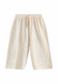 Prugaste kratke hlače v svetlo modri, beli in oranžni barvi. Imajo elastičen pas z vrvico, izdelane iz lahkega blaga.
