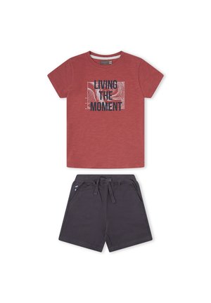 Camiseta de manga corta color rojo óxido con el texto "LIVING THE MOMENT" y gráfico, combinada con pantalones cortos gris oscuro de cordón y bolsillos laterales.