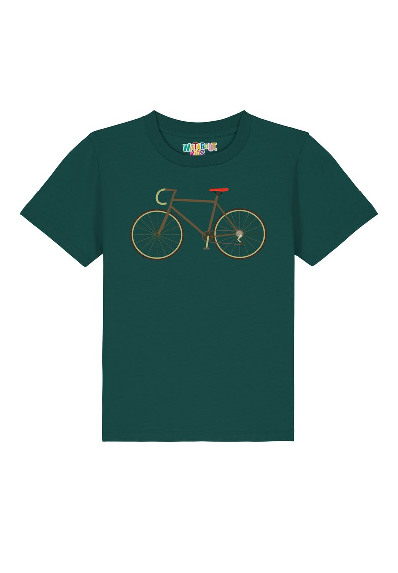 T-shirt en coton vert avec un graphique d'une bicyclette marron avec une selle rouge et des roues dorées, représentée dans un design simple et stylisé.