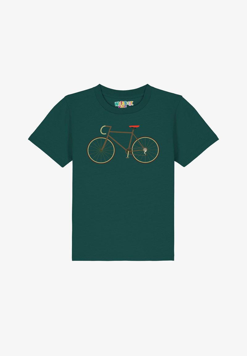 T-shirt en coton vert avec un graphique d'une bicyclette marron avec une selle rouge et des roues dorées, représentée dans un design simple et stylisé.