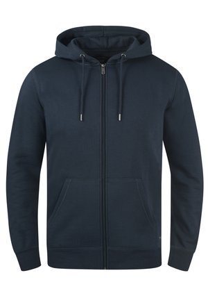 Navy blue zip-up hoodie in soft cotton blend, featuring a hood, drawstrings, two front pockets, and ribbed cuffs with a smooth texture.