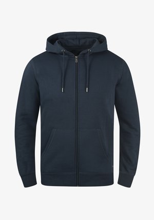 Tamno plavi dukserica sa patentnim zatvaračem od meke pamučne mješavine, koja ima kapuljaču, vezice, dva prednja džepa i rebraste manžete sa glatkom teksturom.