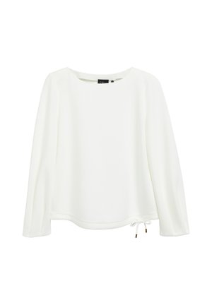Weiße Bluse mit langen Ärmeln, rundem Ausschnitt und kleinem verstellbarem Kordelzug-Detail am unteren Saum auf der rechten Vorderseite.