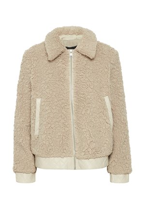 Beige fleecjas met een gestructureerd oppervlak, een kraag, een rits aan de voorkant en gestikte crèmekleurige accenten op de zakken en zoom.