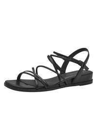 Svarta platta sandaler med korsade remmar, tillverkade av syntetmaterial. Har en låg, klumpig klack och en slät, matt yta.