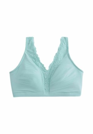 Hellblauer drahtloser BH mit Spitzenverzierung an den Trägern und in der Mitte, mit tiefem V-Ausschnitt und glatten Stoff-Cups.