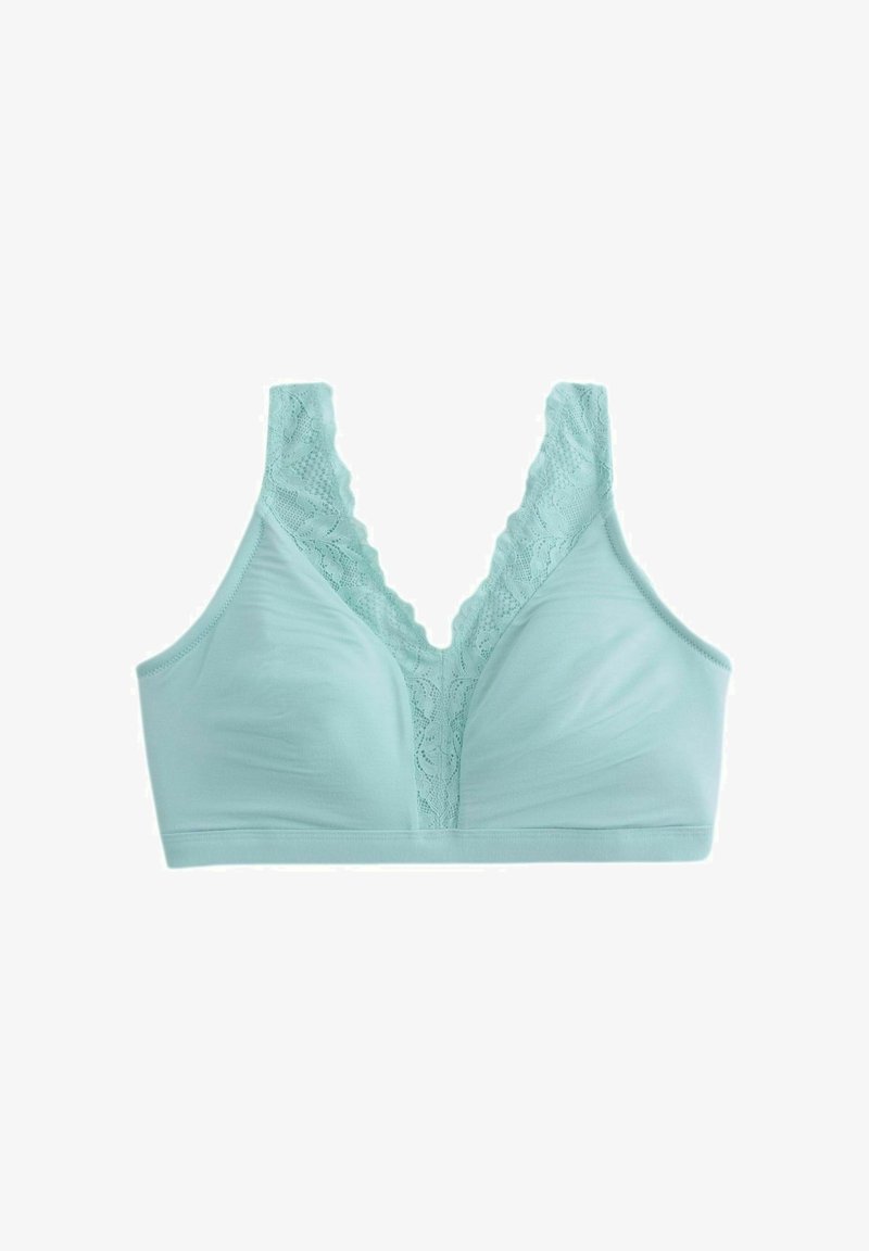 Soutien-gorge sans armatures bleu clair avec bordure en dentelle sur les bretelles et au centre, présentant un décolleté en V profond et des bonnets en tissu lisse.