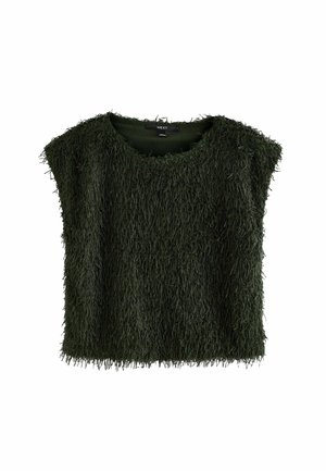 Dunkelgrünes T-Shirt mit kurzen Ärmeln aus einem strukturierten, fusseligen Stoff. Boxy-Schnitt mit rundem Ausschnitt. Weiche, unregelmäßige Fasern über die gesamte Oberfläche.