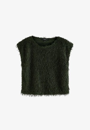 Dunkelgrünes T-Shirt mit kurzen Ärmeln aus einem strukturierten, fusseligen Stoff. Boxy-Schnitt mit rundem Ausschnitt. Weiche, unregelmäßige Fasern über die gesamte Oberfläche.