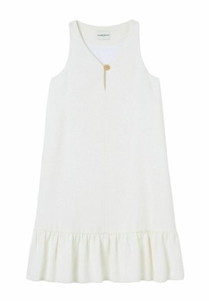 Robe blanche sans manches avec un ourlet volants, ornée d'un accent de bouton doré central. Fabriquée en tissu doux, avec un design simple et épuré.