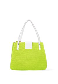 Borsa a rete verde con una forma strutturata, manici in pelle bianca e un accento rettangolare bianco sulla parte anteriore. Superficie testurizzata.