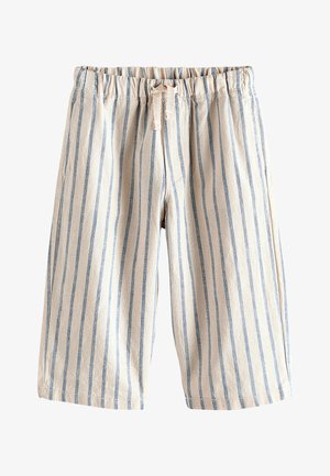 Pantaloncini in cotone beige e blu a righe verticali con elastico in vita e coulisse frontale, lunghezza al ginocchio, stile casual.
