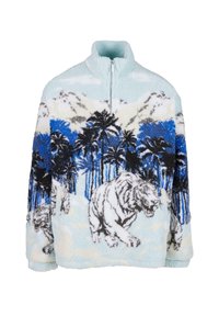 Fleece pullover with a high collar, blue and white tropical design featuring a tiger and palm trees, soft texture, and zip front.