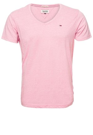 Hellrosa kurzärmeliges V-Ausschnitt-T-Shirt mit kleinem Tommy Hilfiger-Logo auf der linken Brust, aus weichem Stoff.