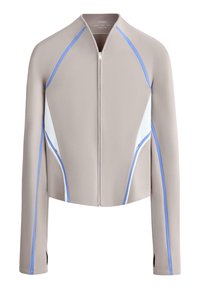 Veste beige zippée avec manches longues, panneaux latéraux blancs et détails de passepoil bleu le long des manches et des côtés.