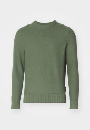 Groene gebreide trui met een ronde hals, lange mouwen, geribbelde manchetten en zoom. Heeft een gestructureerde oppervlakte en een minimalistisch ontwerp.