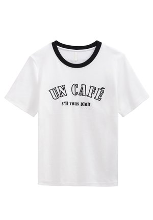 White T-shirt with black ribbed crew neck, featuring printed text in black that reads "UN CAFÉ s'il vous plait." Short sleeves, soft fabric.