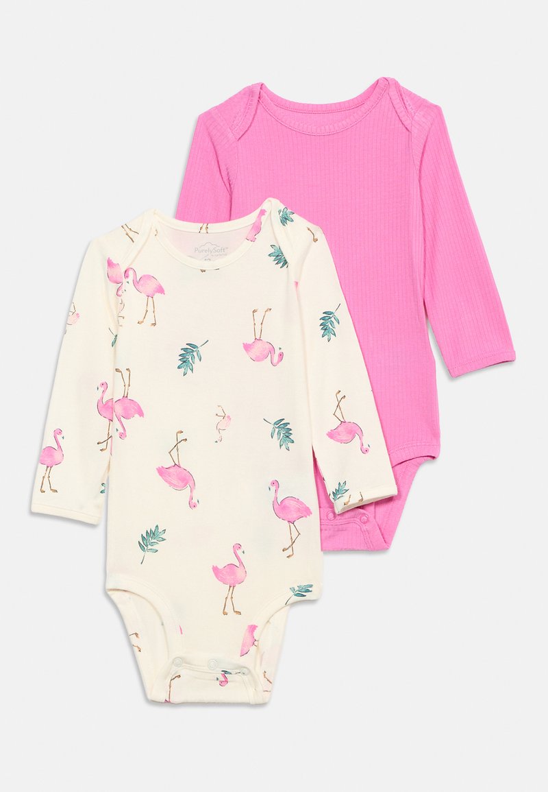Δύο κορμάκια μωρού με μακριά μανίκια, το ένα μονόχρωμο ροζ και το άλλο εκρού με στάμπες ροζ φλαμίνγκο και πράσινα φύλλα.