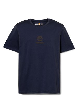 Dunkelblaue Baumwoll-T-Shirts mit Rundhalsausschnitt und kurzen Ärmeln. Mit einem braunen Timberland-Logo, das auf der Brust zentriert ist.