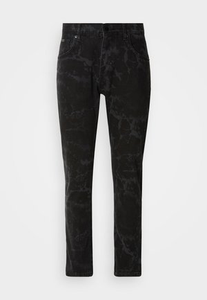 Black denim jeans featuring a marbled pattern, straight leg design, five-pocket style, and a button closure at the waistband.